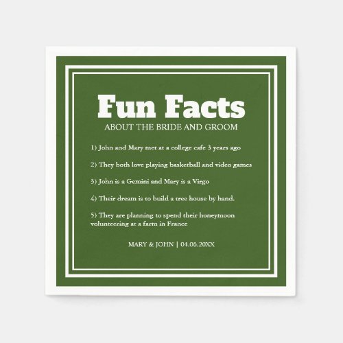 Modern Green and White Fun Facts Wedding Napkins