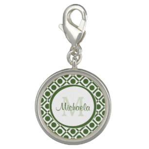 Modern Green and White Geometric Monogrammed Name Charm