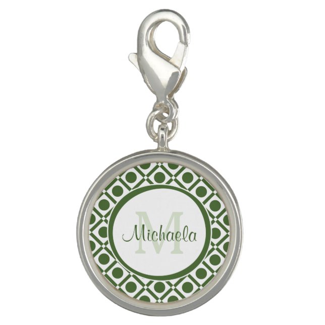 Modern Green and White Geometric Monogrammed Name Charm (Front)