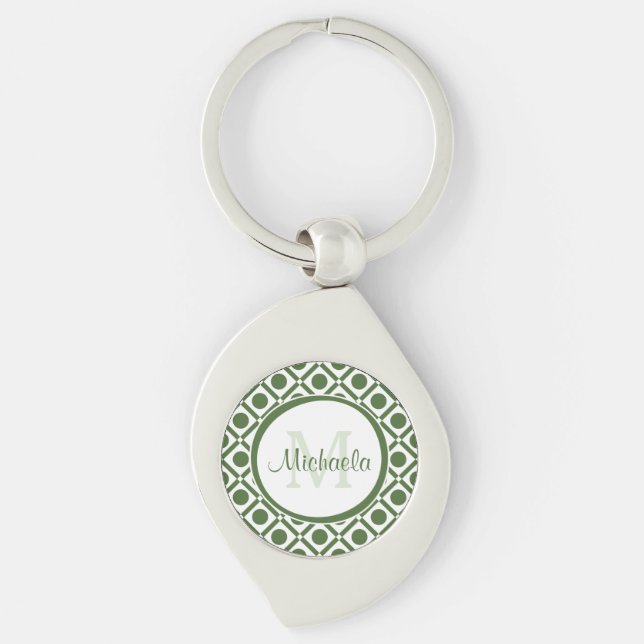 Modern Green and White Geometric Monogrammed Name Keychain (Front)