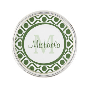 Modern Green and White Geometric Monogrammed Name Lapel Pin