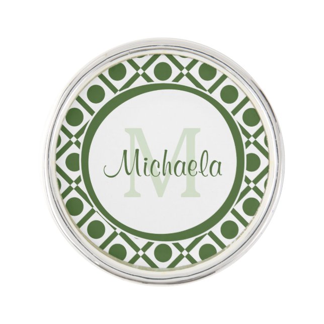 Modern Green and White Geometric Monogrammed Name Lapel Pin (Front)