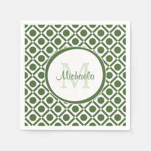 Modern Green and White Geometric Monogrammed Name Napkins