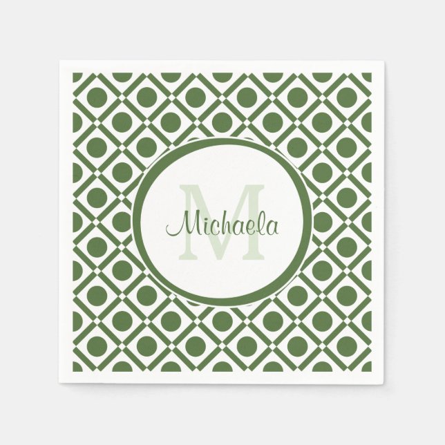 Modern Green and White Geometric Monogrammed Name Napkins (Front)