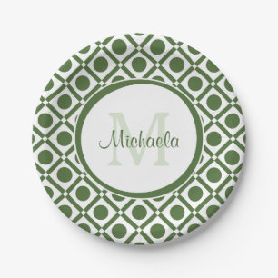 Modern Green and White Geometric Monogrammed Name Paper Plates