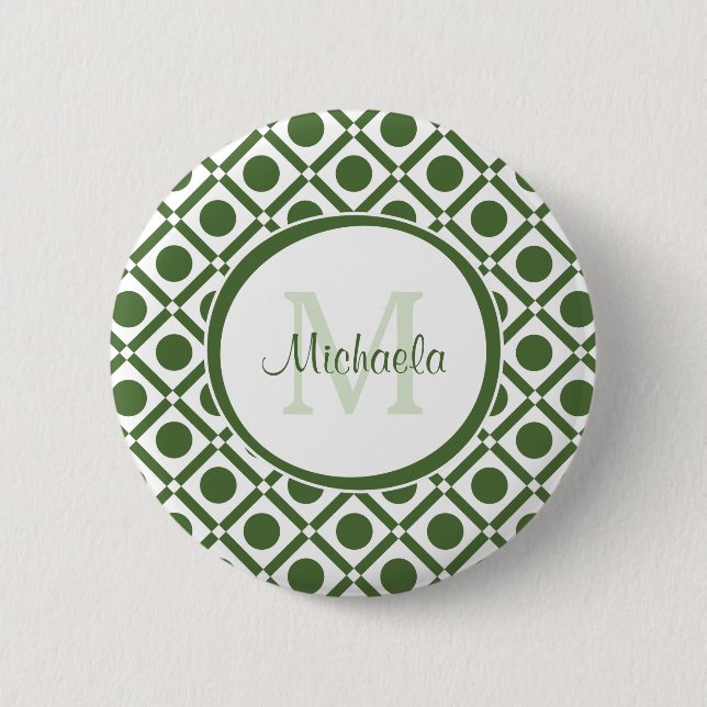 Modern Green and White Geometric Monogrammed Name Pinback Button (Front)