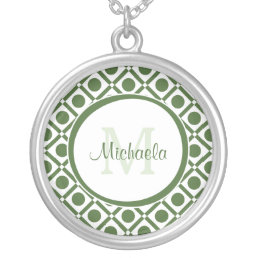 Modern Green and White Geometric Monogrammed Name Silver Plated Necklace