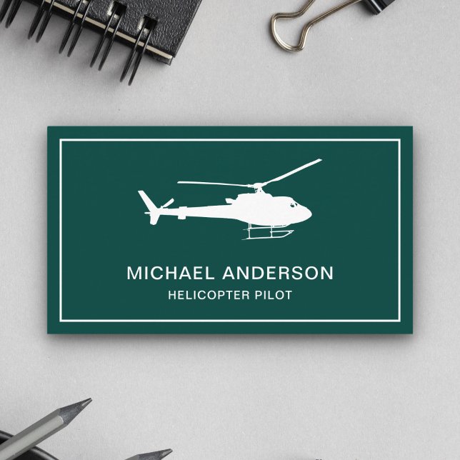 Modern Green and White Helicopter Pilot Business Card (Creator Uploaded)