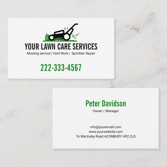 Modern Green and White Lawn Service Professional Business Card (Front/Back)
