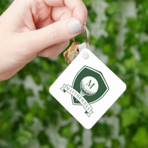 Modern Green and White Name Initial Monogram Golf Keychain