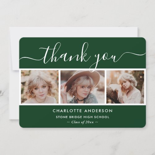 Modern Green and White Photo Collage Graduation Thank You Card