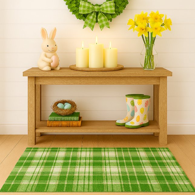 Modern Green and White Plaid  Rug (Classic spring green plaid rug with white accents — perfect for foyers, porches, and seasonal vibe)
