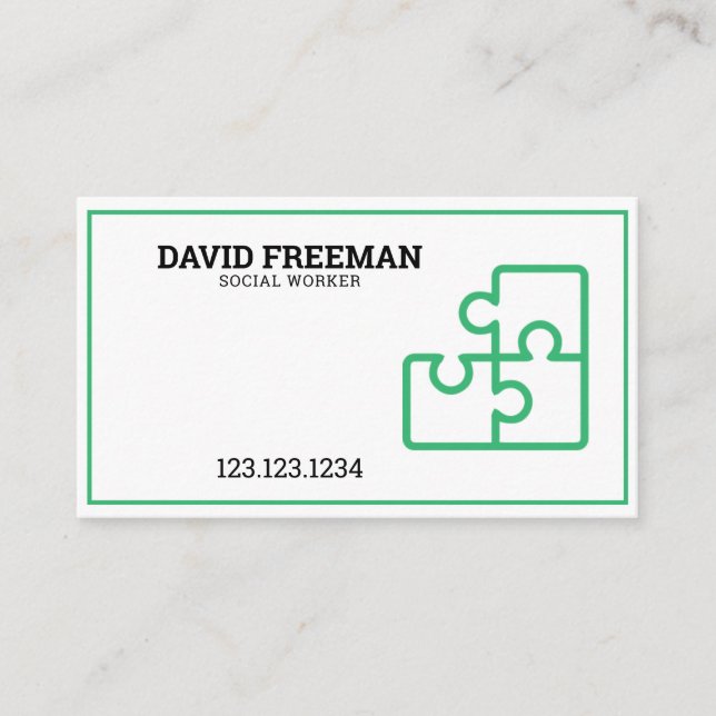 Modern Green and White Puzzle Social Work Business Card (Front)