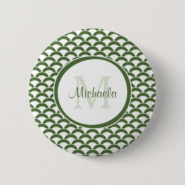 Modern Green and White Scallops Monogram and Name Button (Front)