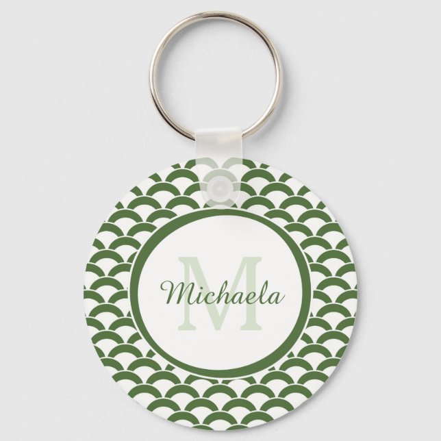 Modern Green and White Scallops Monogram and Name Keychain (Front)