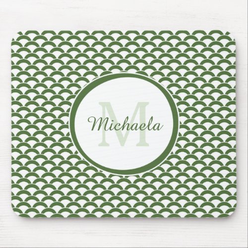 Modern Green and White Scallops Monogram and Name Mouse Pad