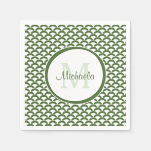Modern Green and White Scallops Monogram and Name Paper Napkins
