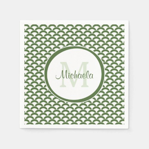 Modern Green and White Scallops Monogram and Name Paper Napkins