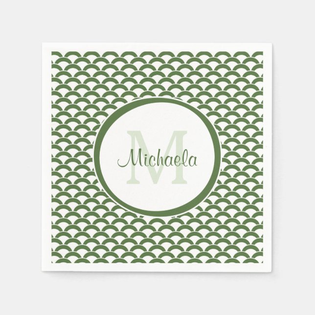 Modern Green and White Scallops Monogram and Name Paper Napkins (Front)