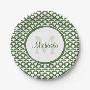 Modern Green and White Scallops Monogram and Name Paper Plates