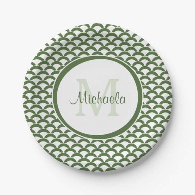 Modern Green and White Scallops Monogram and Name Paper Plates (Front)