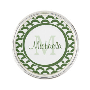 Modern Green and White Scallops Monogram and Name Pin