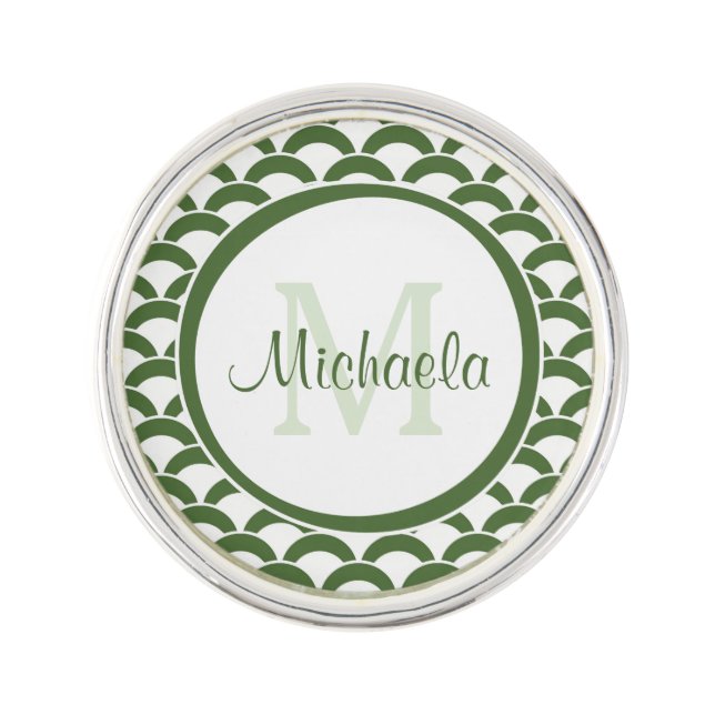 Modern Green and White Scallops Monogram and Name Pin (Front)