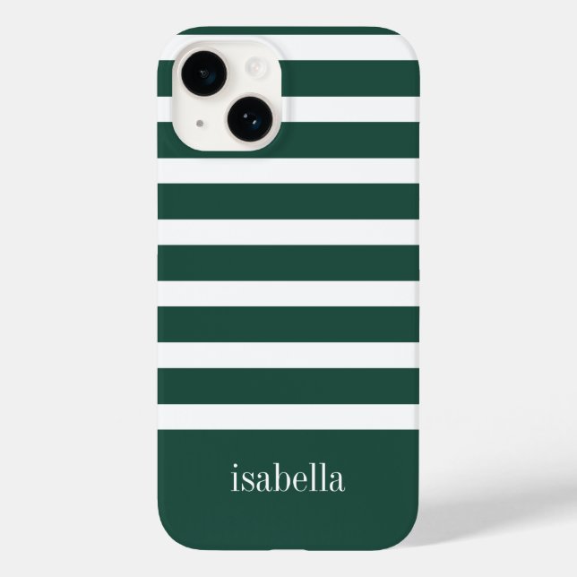 Modern Green and White Stripe with Monogram Case-Mate iPhone Case (Back)