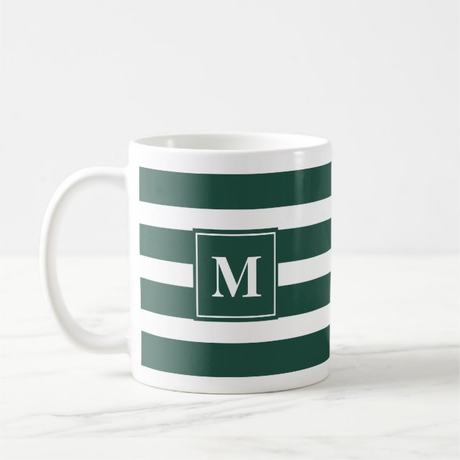 Modern Green and White Stripe with Monogram  Coffee Mug (Left)