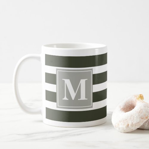 Modern Green and White Stripe with Monogram Coffee Mug