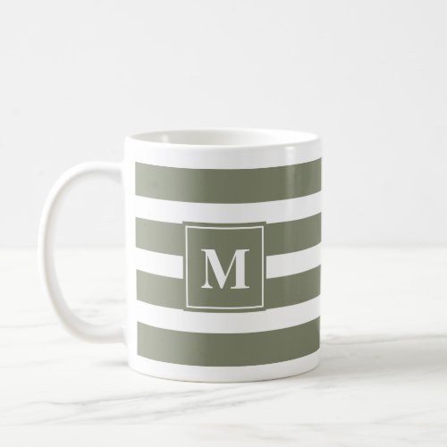 Modern Green and White Stripe with Monogram  Coffee Mug