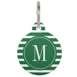 Modern Green and White Stripe with Monogram Pet ID Tag
