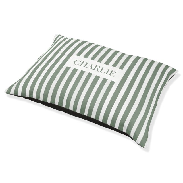 Modern Green and White Stripes Elegant Dog Name Pet Bed (Angled)