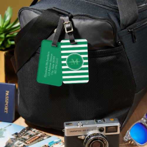 Modern Green and White Stripes Monogram Name Luggage Tag