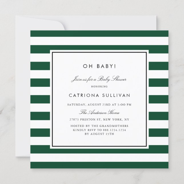 Modern Green and White Stripes Pattern Baby Shower Invitation (Front)