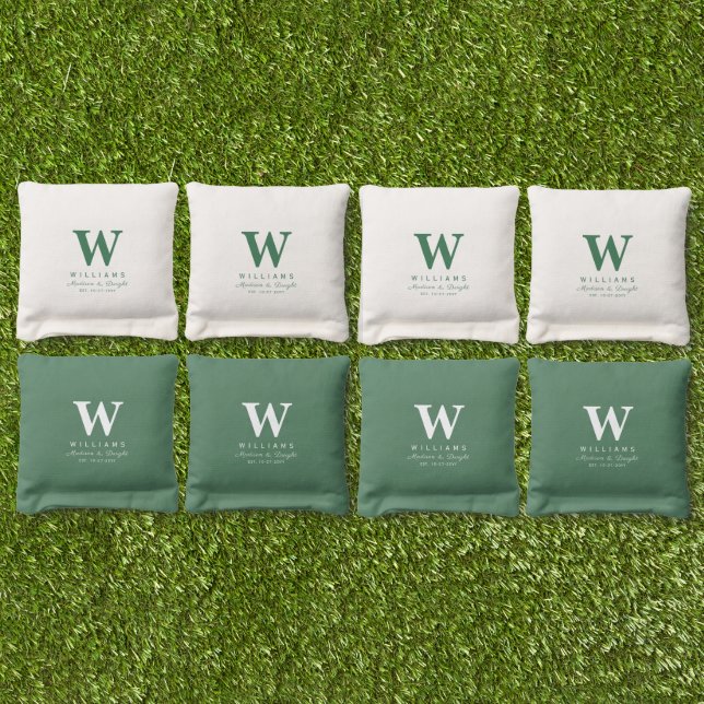 Modern Green And White Wedding Monogram Name Cornhole Bags (Set)