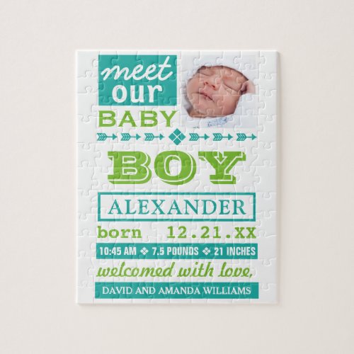 Modern Green Baby Boy Photo Birth Announcement Jigsaw Puzzle