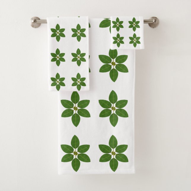 Modern Green Bay Leaf Pattern on White Bath Towel Set (Insitu)