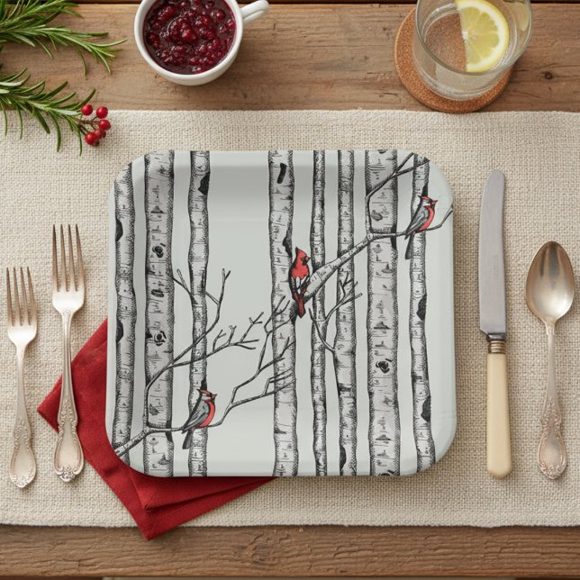 Modern Green Birch Trees and Red Cardinal Birds Paper Plates (Modern Red Cardinal & Birch Tree Winter Paper Plates. Simple Elegant Birch Trees for Christmas Party)