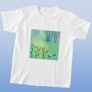 Modern Green Birds in Woodland Painting T-Shirt