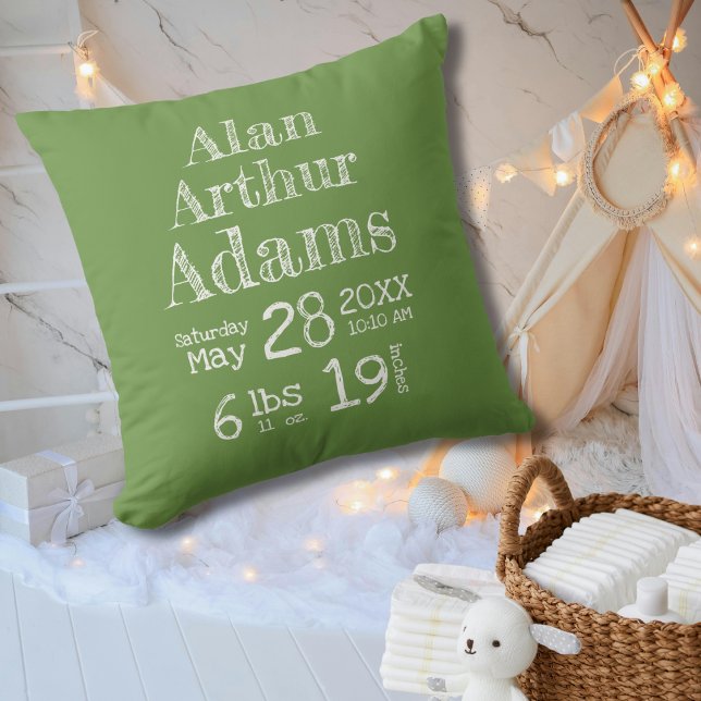 Modern Green Birth Stats Baby Pillow with Stripes (Creator Uploaded)