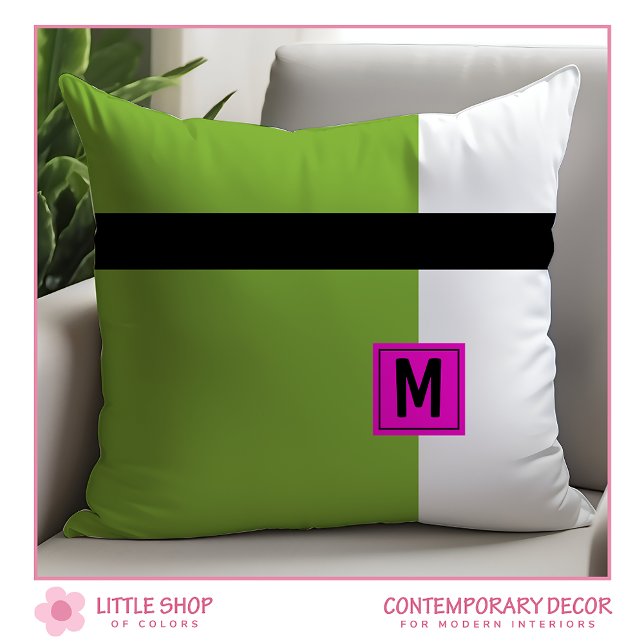 Modern Green Black Color Block Monogrammed Throw Pillow (Creator Uploaded)