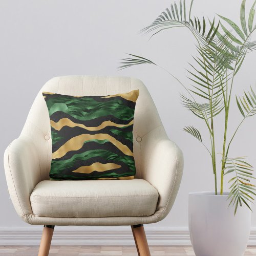Modern Green Black Gold Animal Print Pattern Throw Pillow