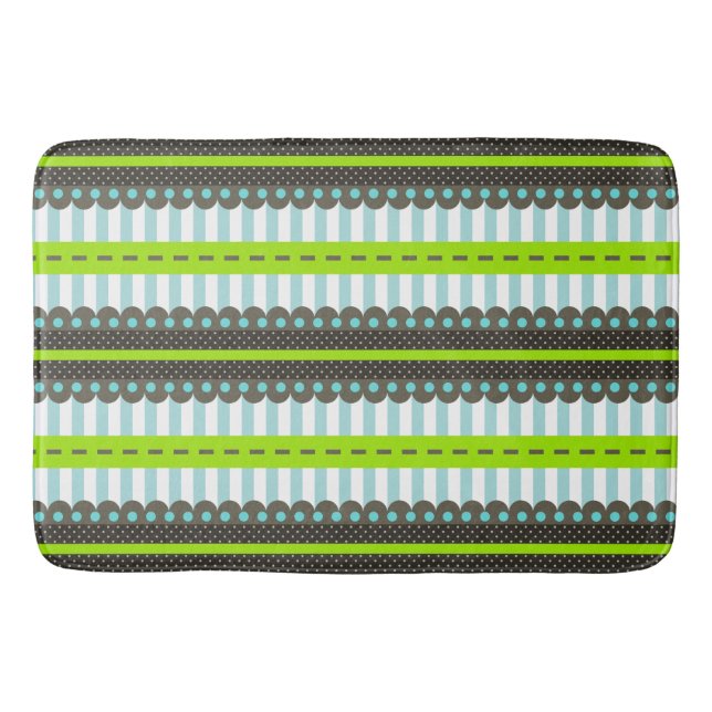 Modern Green, Blue, Brown Stripes & Dots Pattern Bathroom Mat (Front)