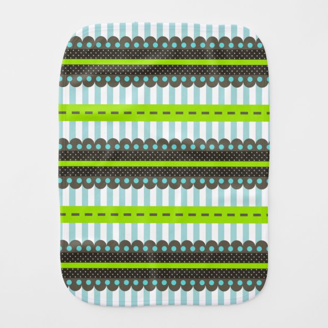 Modern Green, Blue, Brown Stripes & Dots Pattern Burp Cloth (Front)