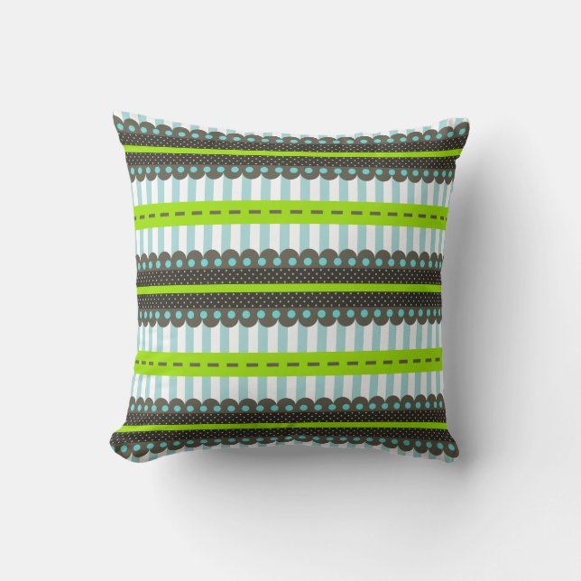 Modern Green, Blue, Brown Stripes & Dots Pattern Throw Pillow (Front)