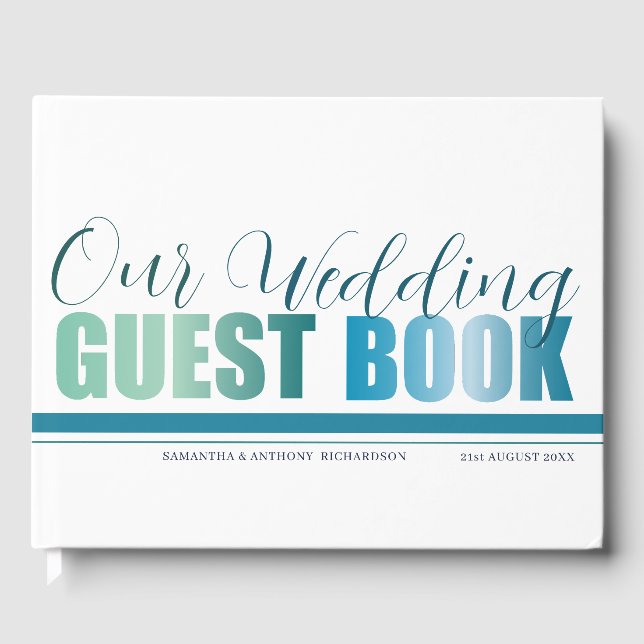 Modern Green & Blue Calligraphy Wedding Guest Book (Front)