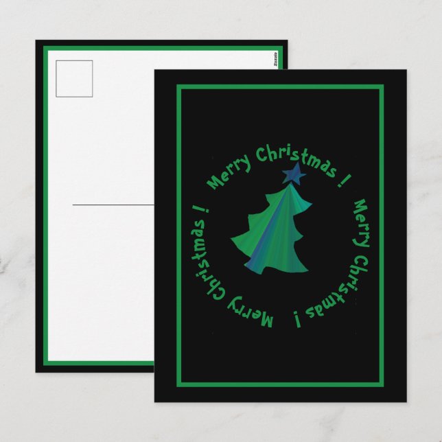 Modern Green Blue Christmas Tree on Black Holiday Postcard (Front/Back)