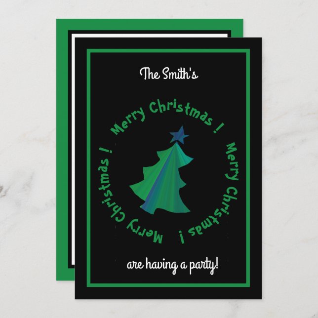 Modern Green Blue Christmas Tree on Black Invitation (Front/Back)
