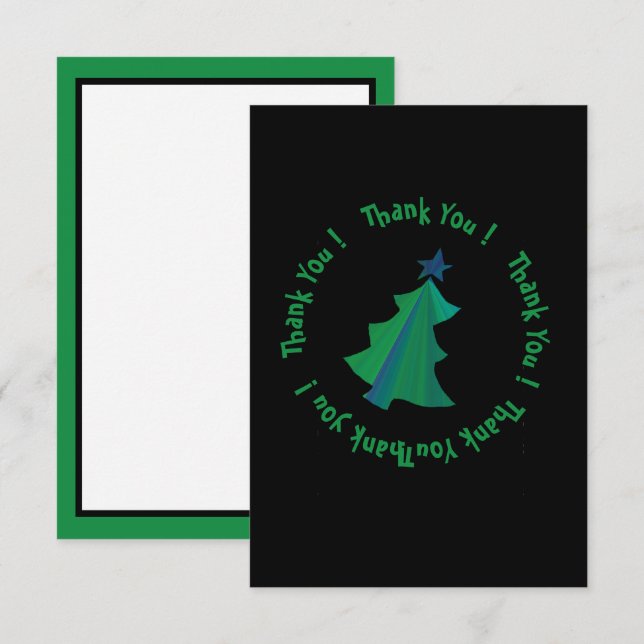 Modern Green Blue Christmas Tree on Black Thank You Card (Front/Back)